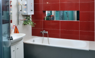 çimstone küvet arkası duvar kaplaması. Çimstone Recife (kırmızı kristalli) model duvar kaplaması. Çimstone seramik ve fayans kaplanan tüm yüzeyler için en sağlıklı ve kalıcı çözümdür.